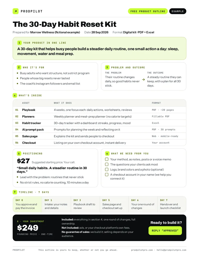 Example of a free one-page product outline